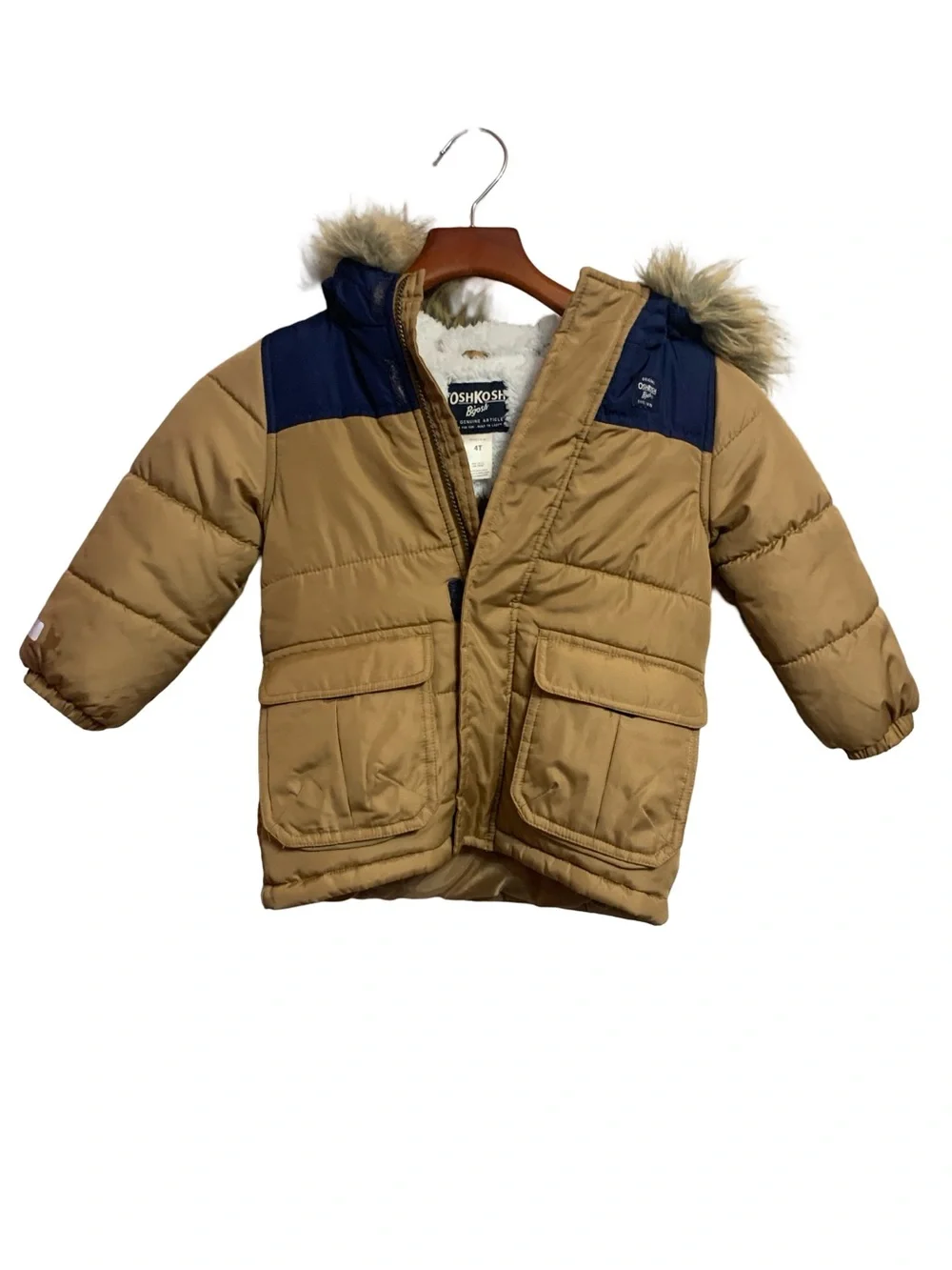 Oshkosh‎ B’gosh Faux Fur Collar Coat Size 4T Brown and Navy